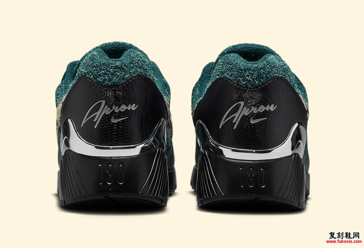 Apron Records x Nike Air 180 'Dark Atomic Teal' 的背面视图突出了带有 “Apron” 品牌标识和雕刻中底设计的亮黑色后跟。