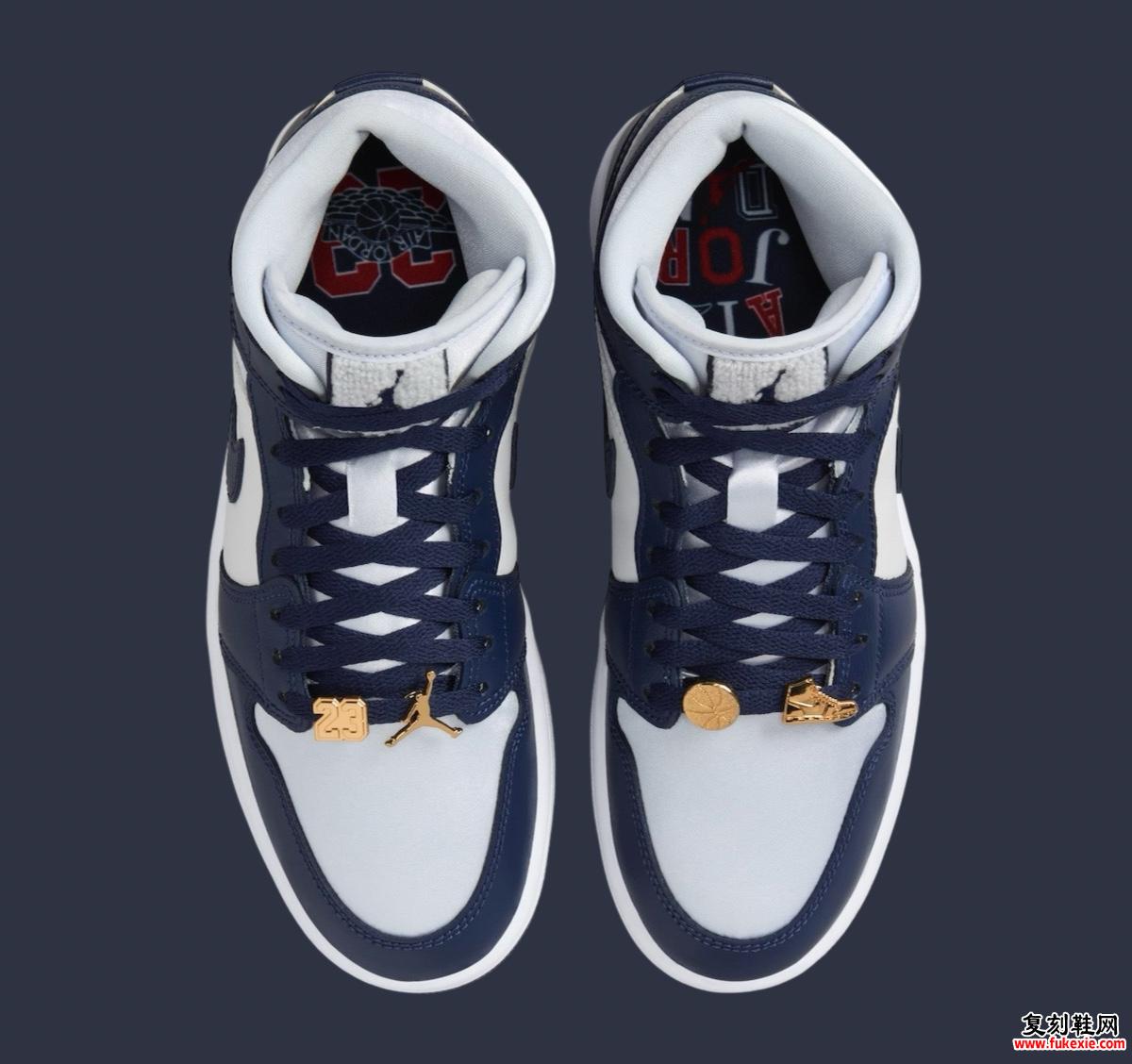 Air Jordan 1 Mid “Football Grey/Midnight Navy” 配有金色吊饰 货号：FZ8777-044