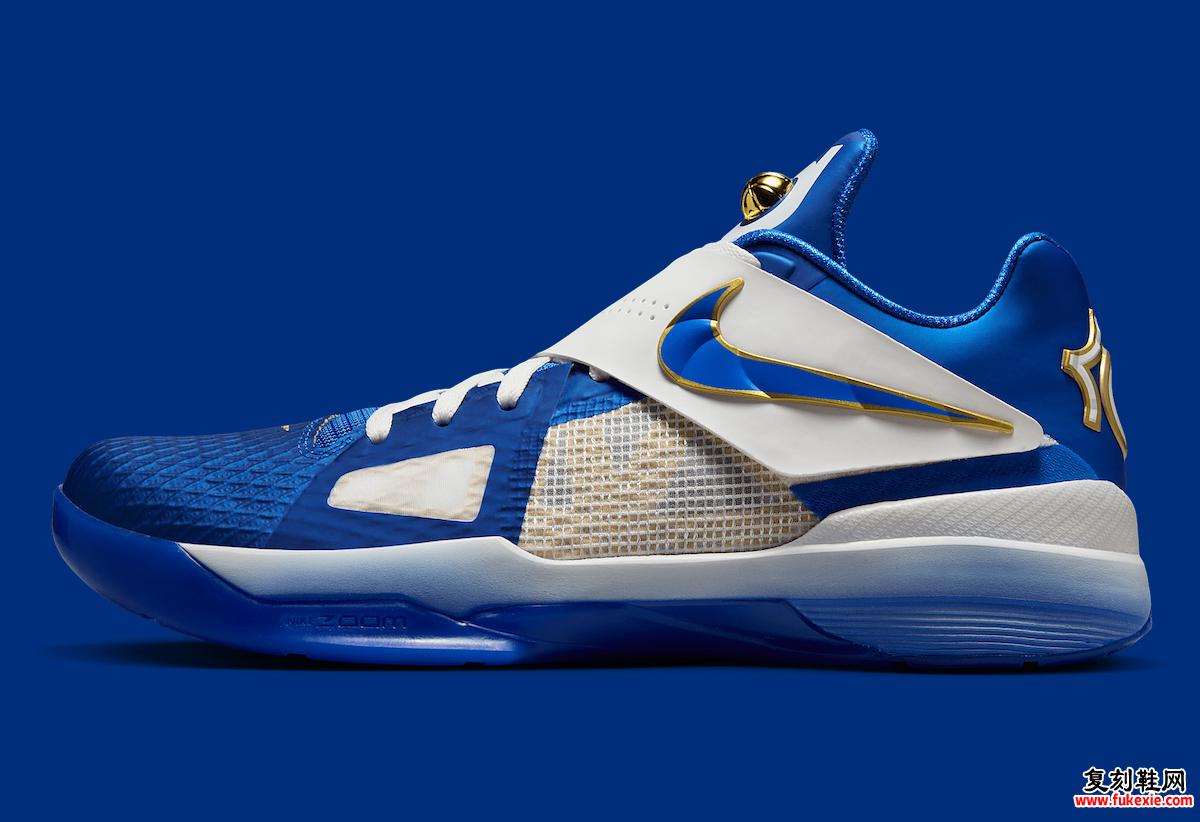 Nike KD 4 MVP Hyper Royal 的侧面轮廓突出了白色表带、蓝色网眼鞋面和金色轮廓的 Swoosh。