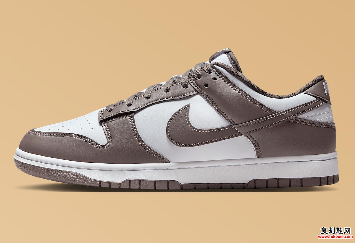 Nike Dunk Low Cave Stone 侧视图，展示灰色皮革覆层和白色衬垫