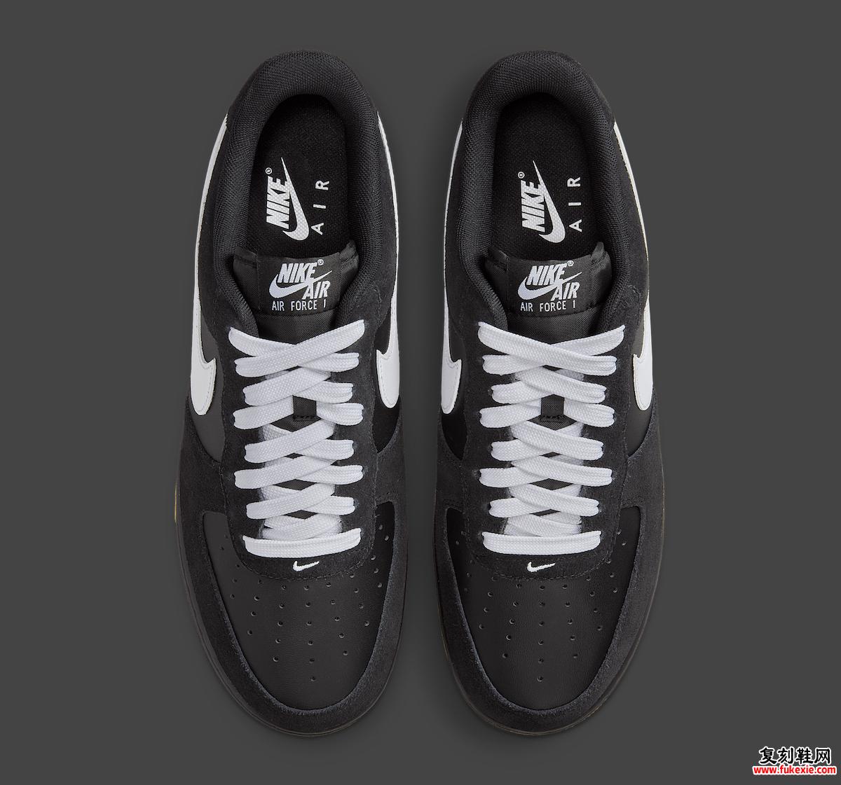 Nike Air Force 1 SK8 Black Gum 俯视图，穿孔鞋头和对比鲜明的白色鞋带