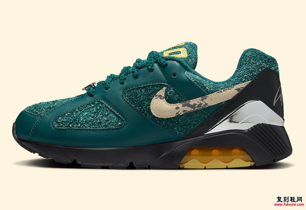 Apron Records x Nike Air 180 'Dark Atomic Teal' 的侧面轮廓展示了其纹理绒面革覆盖层、黑色中底、黄色 Air 单元和独特的仿旧 Swoosh 标志。