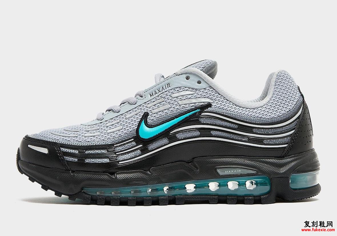 Nike Air Max TL 2.5 “Dusty Cactus” 侧视图，渐变灰色鞋面饰有蓝绿色装饰。