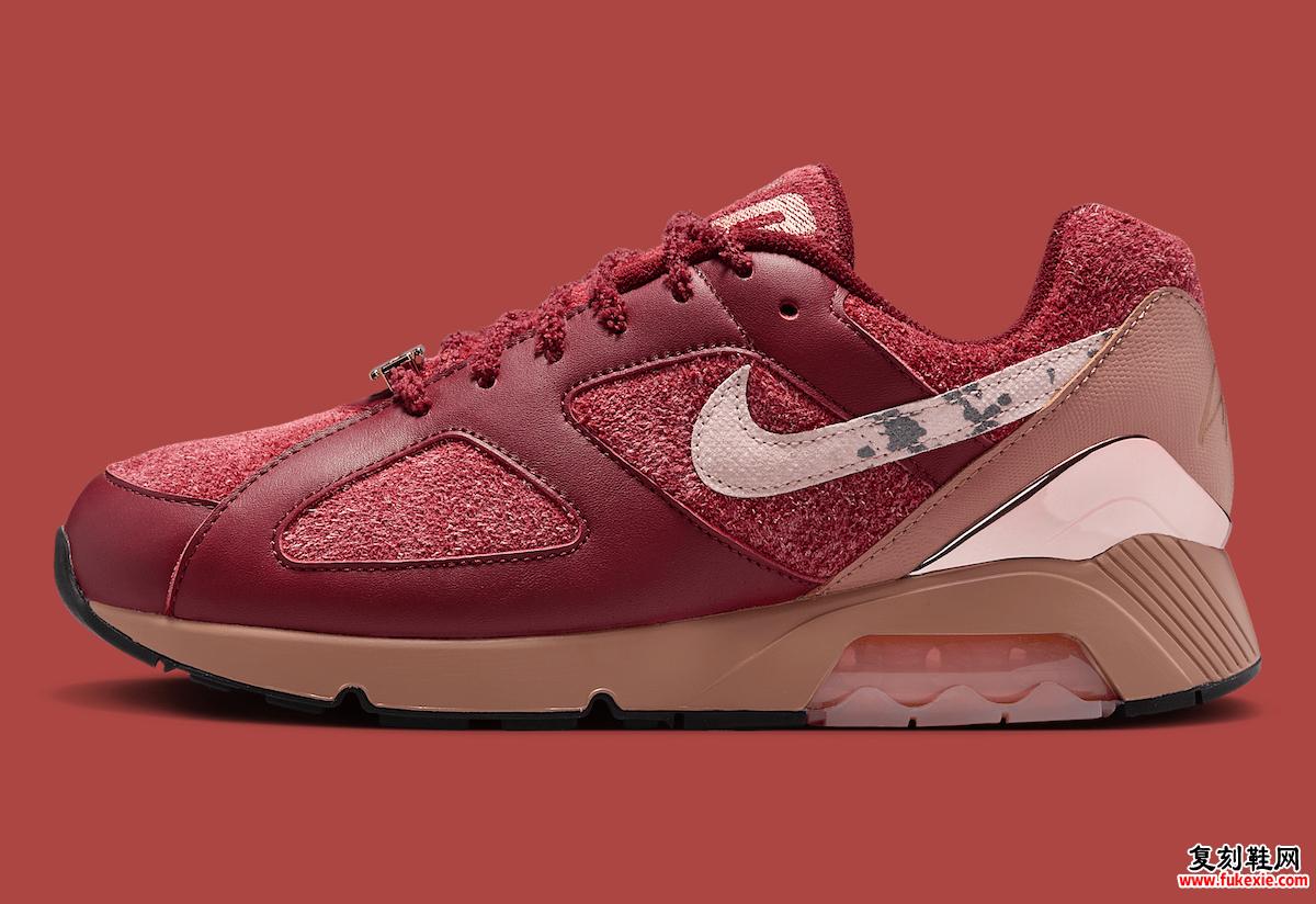 Apron Records x Nike Air 180 'Team Red' 的侧视图展示了蛇皮 Swoosh 和玫瑰金装饰。