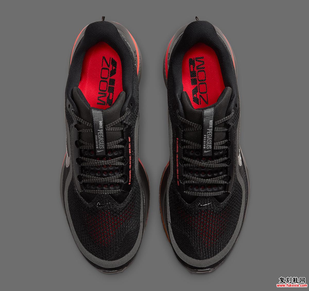 Nike Pegasus Premium Black Bright Crimson 的俯视图，显示透气网面鞋面和鞋舌细节