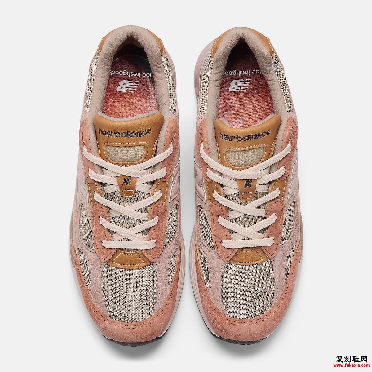 Joe Freshgoods x New Balance 992 'Aged Well' 的备用侧视图展示了运动鞋的优质材料组合和雕刻中底。