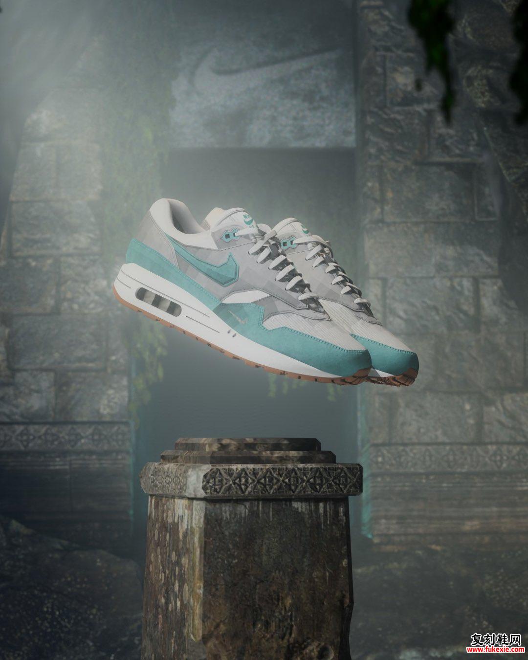 Nike Air Max 1 Low Poly Adventure 漂浮在古墓丽影 （Tomb Raider） 风格的场景中的石基座上