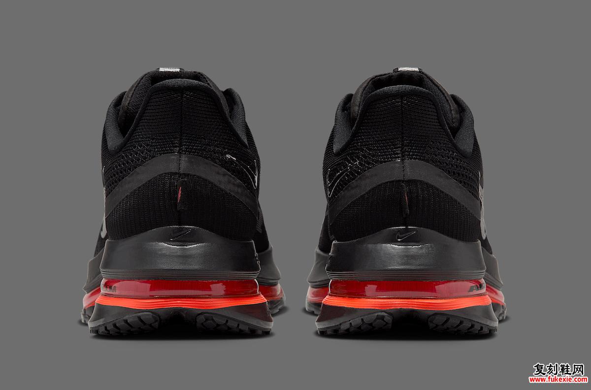 Nike Pegasus Premium Black Bright Crimson 的后跟视图，展示中底缓震和轻量化设计