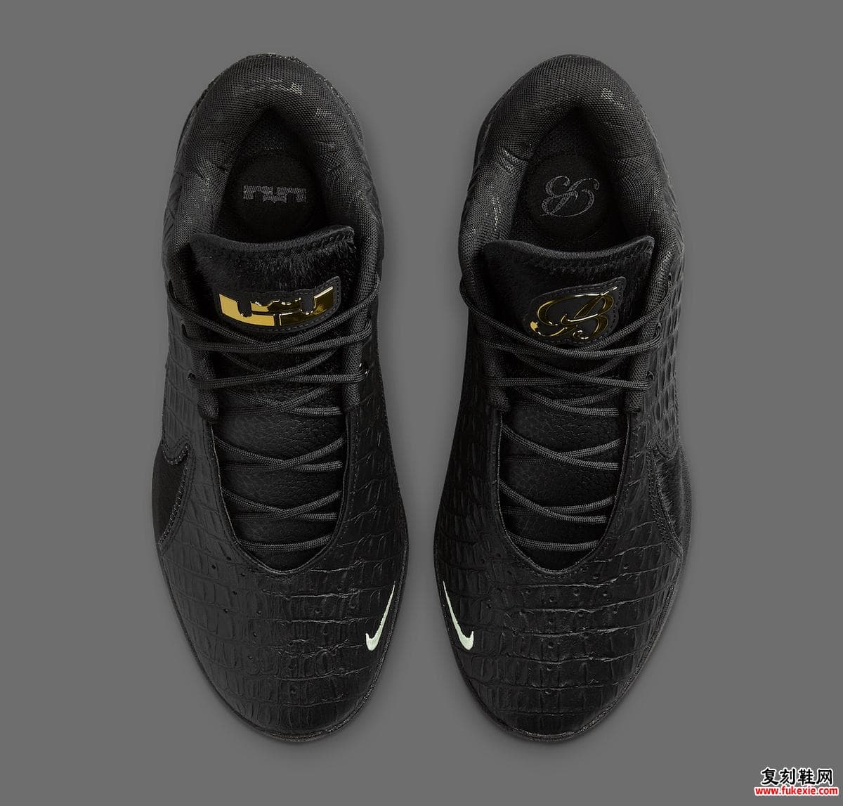 Nike LeBron 22 Black Label 金色鞋舌品牌自上而下视图