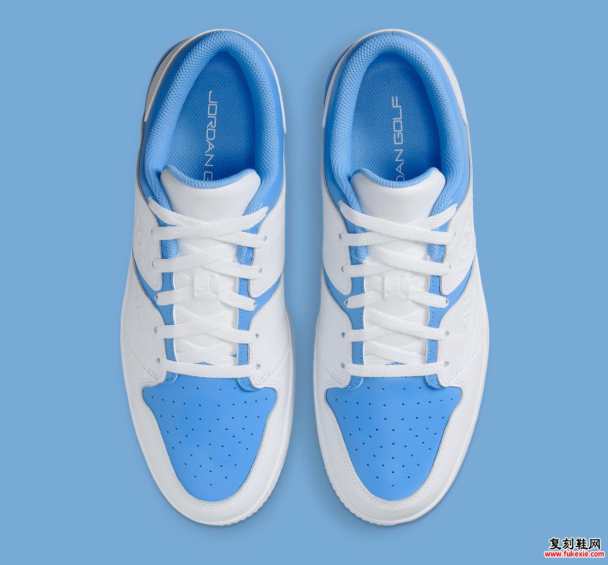 Air Jordan Nu Retro 1 Low Golf UNC 俯视图，展示大学蓝鞋头和白色鞋带