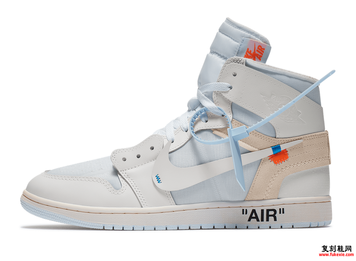 Off-White x Air Jordan 1 High OG Alaska White的侧面视图，中底上有“AIR”字样。