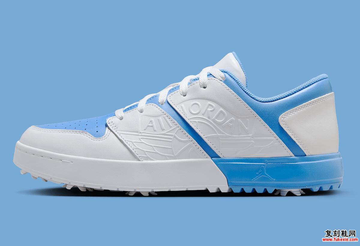 Air Jordan Nu Retro 1 Low Golf UNC 侧面轮廓，带有压花 Air Jordan Wings 标志