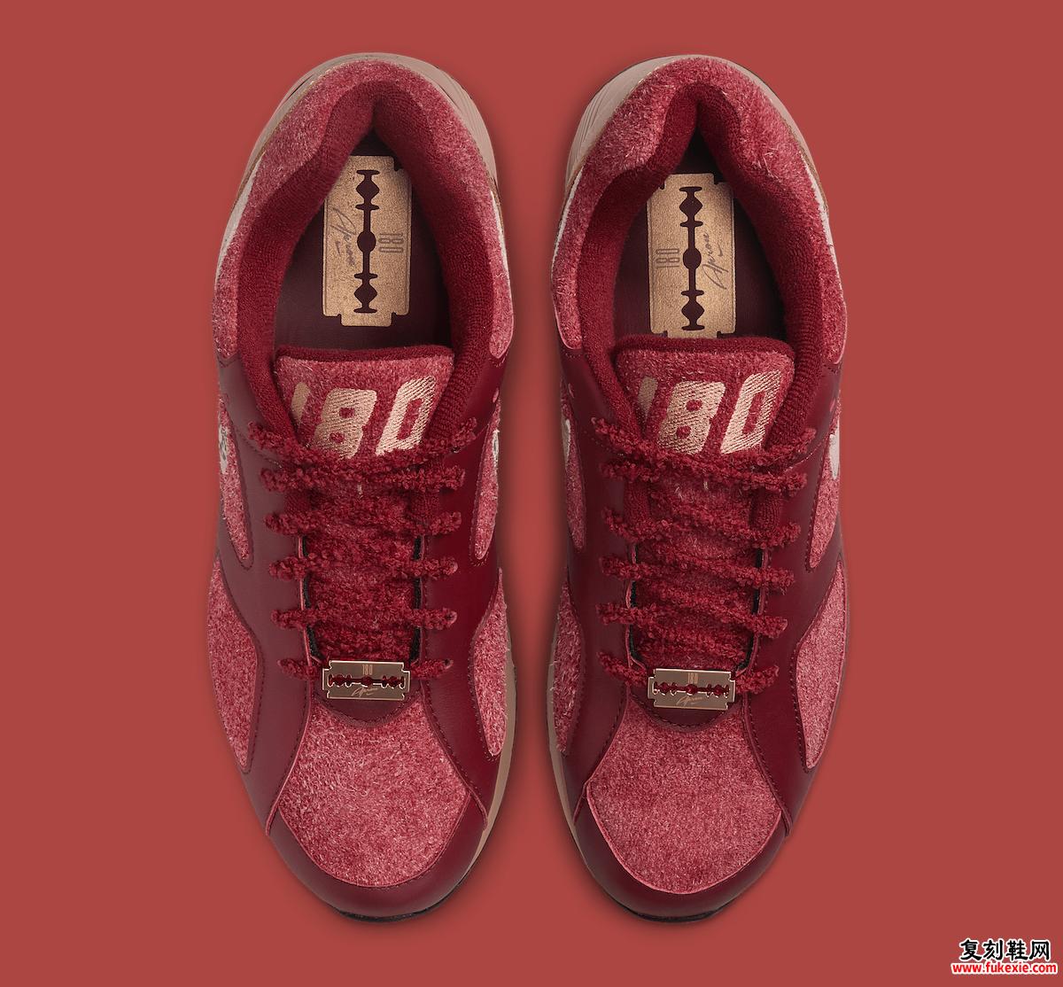 Apron Records x Nike Air 180 'Team Red' 的俯视图，展示了剃须刀式的蕾丝 dubrae 和品牌鞋垫。