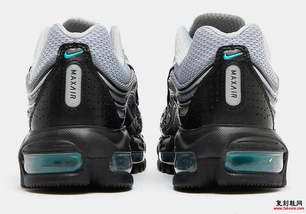 Nike Air Max TL 2.5 “Dusty Cactus” 的后视图，具有 Max Air 品牌标识和蓝绿色细节。