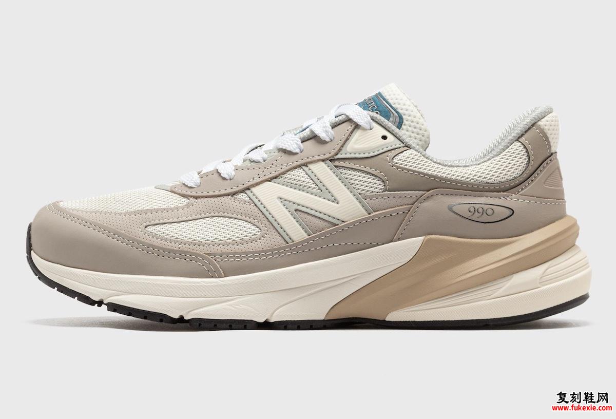 New Balance 990v6 Light Mushroom Moonrock 侧视图，展示中性色调和优质材料