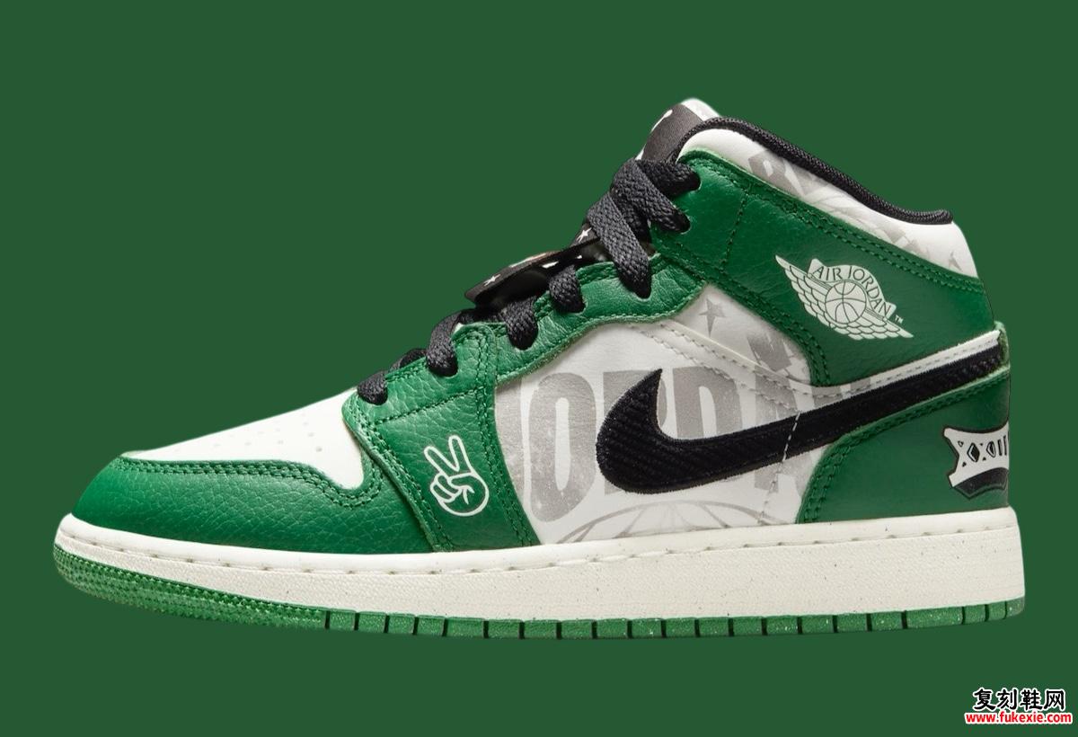 Air Jordan 1 Mid GS “Pine Green” 带有俏皮的品牌标识 货号：HF3200-300