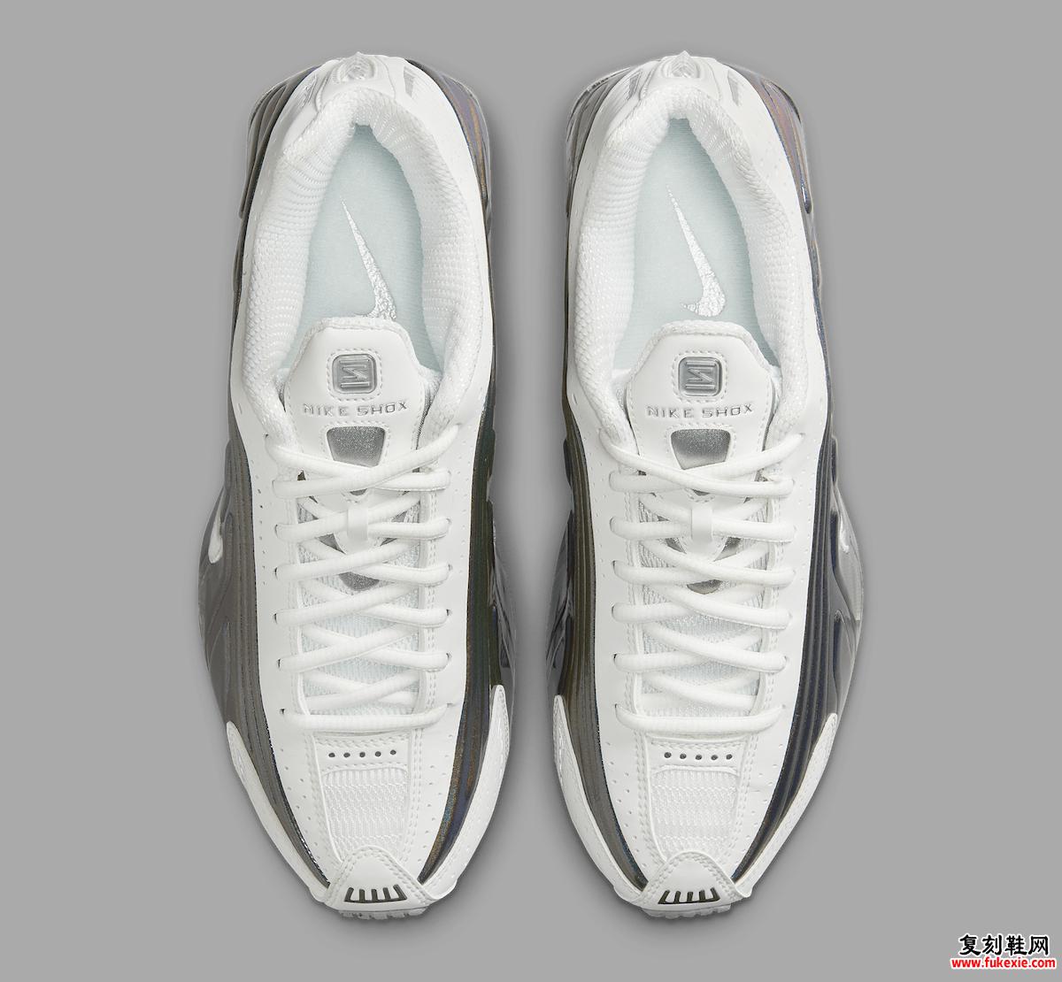 Nike Shox R4 White Iridescent 俯视图，白色鞋带和网眼细节