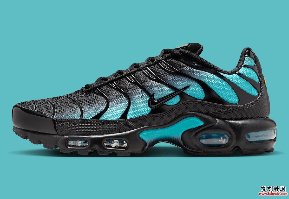 Nike Air Max Plus Aurora Green 的侧视图，展示对角线分色。