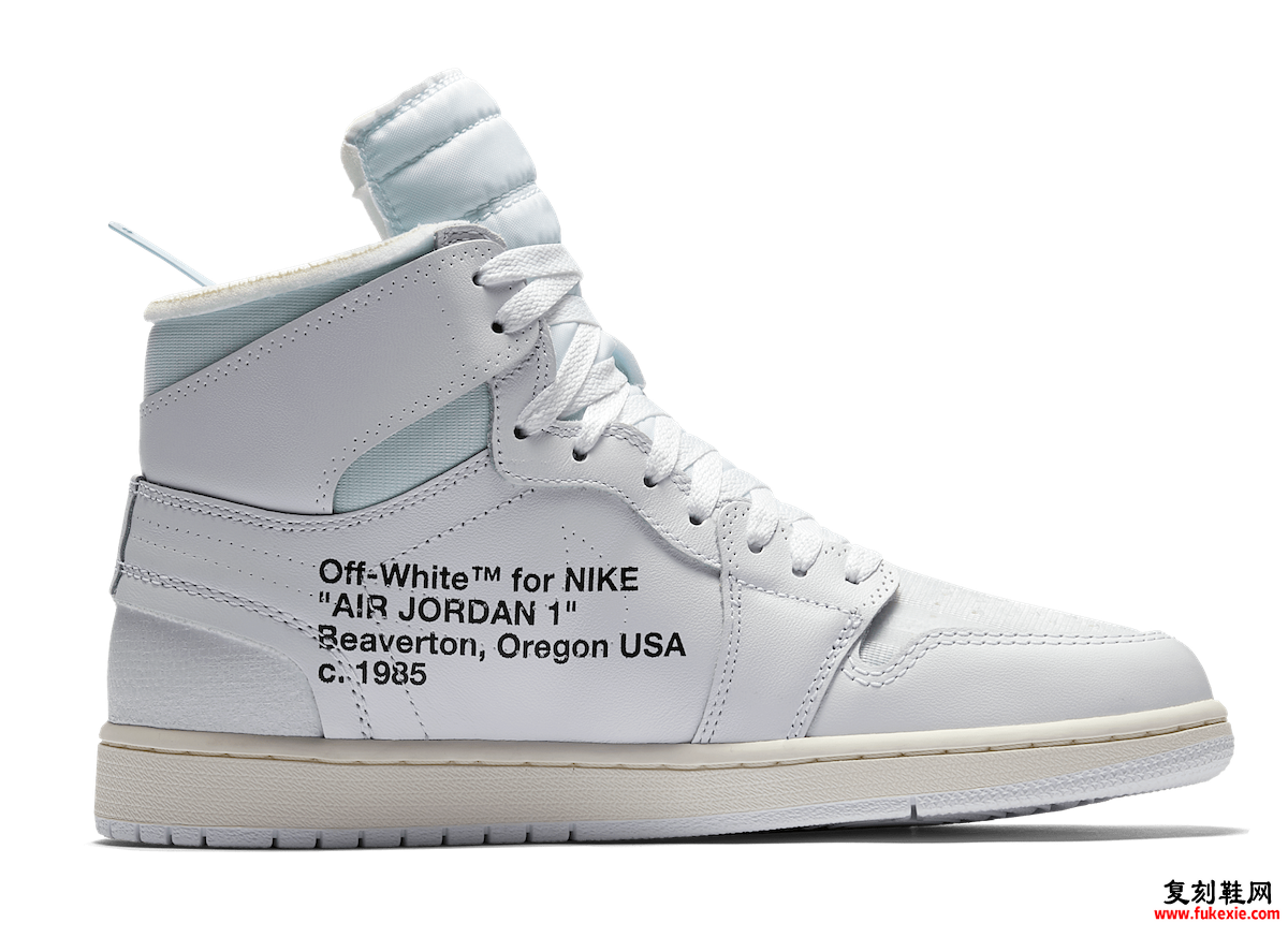 Off-White x Air Jordan 1 High OG Euro White 的内侧带有 Off-White 品牌标识。