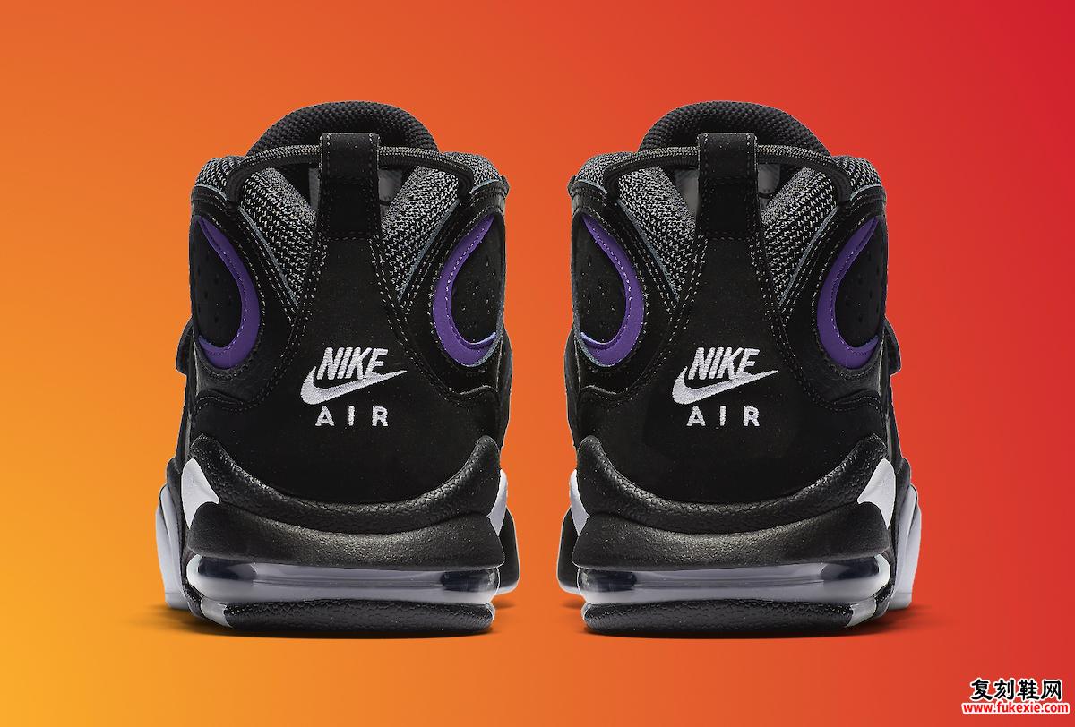 Nike Air Max CB 34 的后跟视图，带有 Nike Air 品牌和 Varsity Purple 装饰。