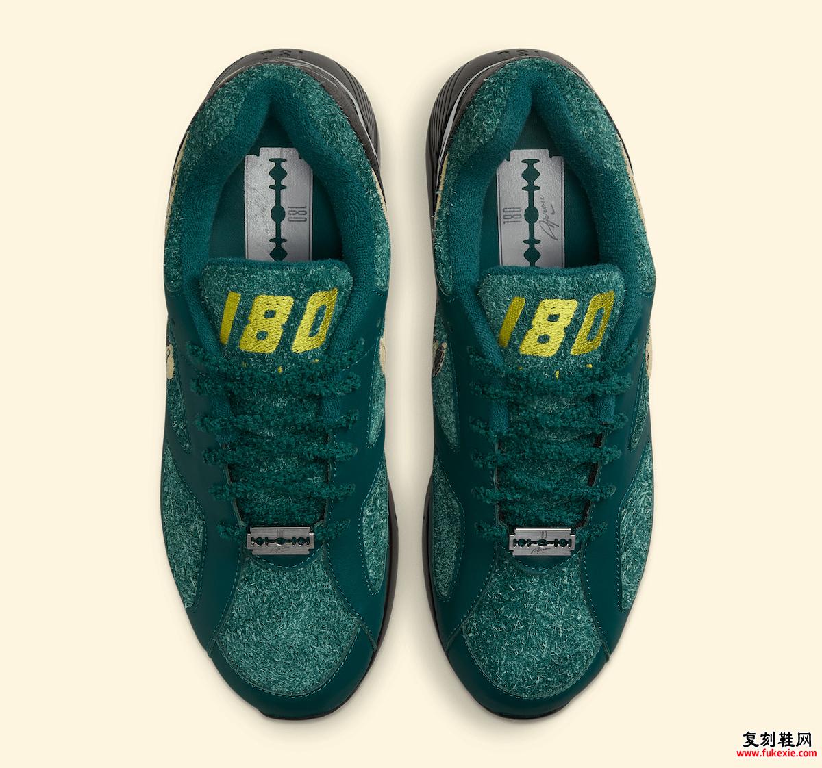 Apron Records x Nike Air 180 'Dark Atomic Teal' 的俯视图展示了其坚固的鞋带、鞋舌上的刺绣“180”和金属剃须刀片 dubrae。