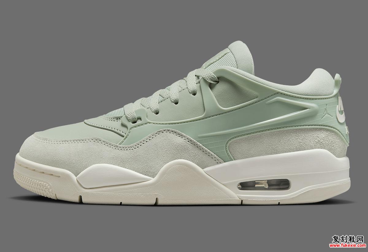 Air Jordan 4 RM Seafoam 的侧面轮廓，混合材料鞋面