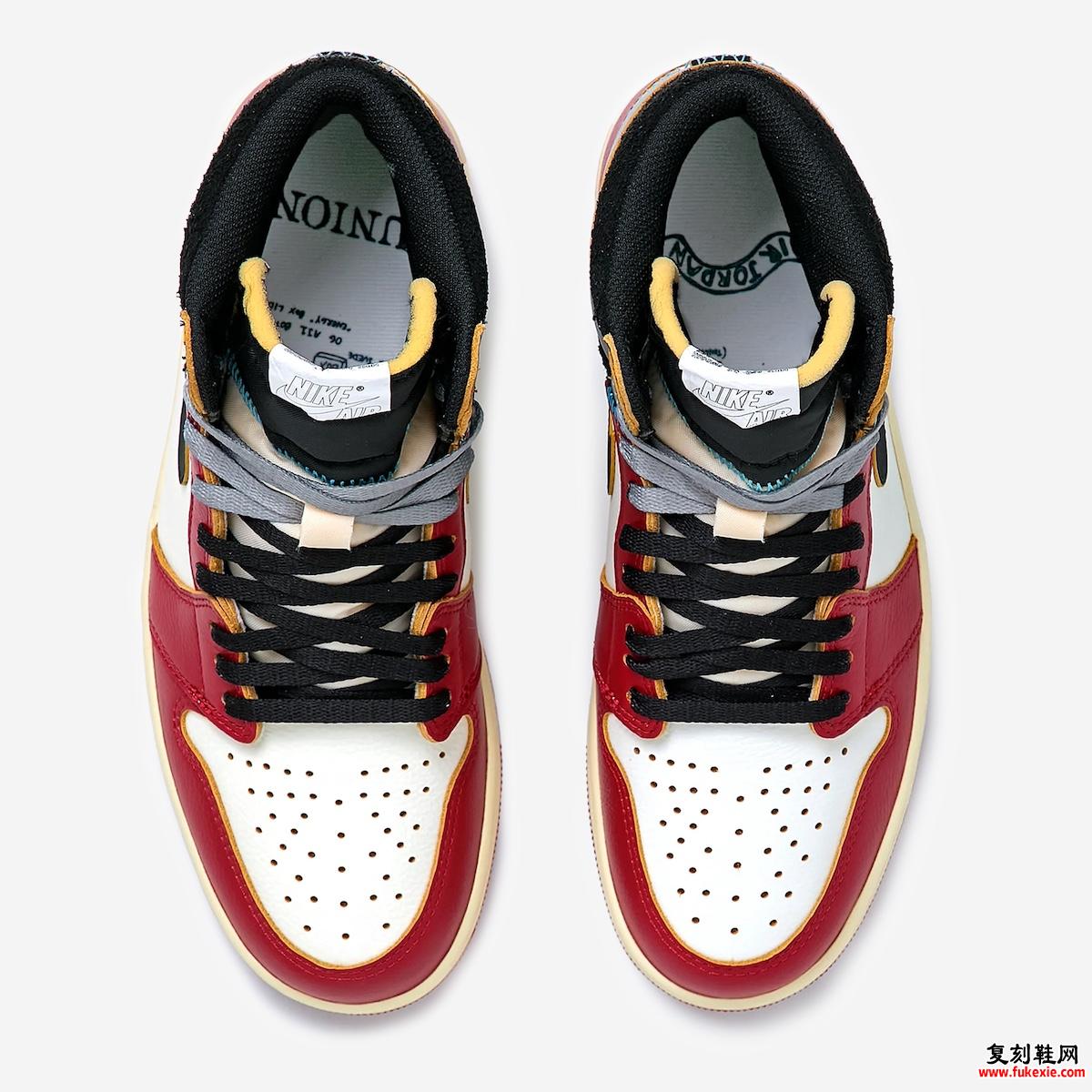 Union x Air Jordan 1 的俯视图，黑色和灰色双色鞋带、复古风格的舌标和穿孔白色皮革鞋头盒。