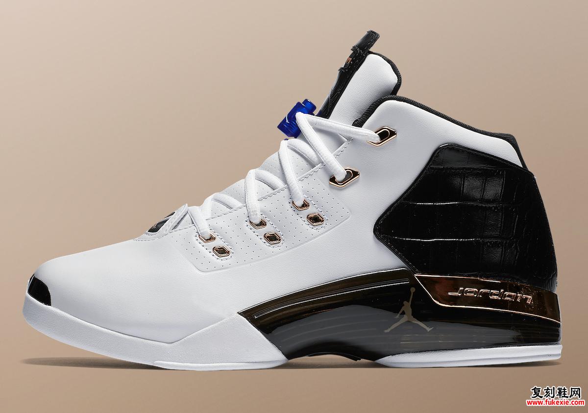 Air Jordan 17 Copper Retro 2016 的侧视图展示了金属铜色鞋跟柜台