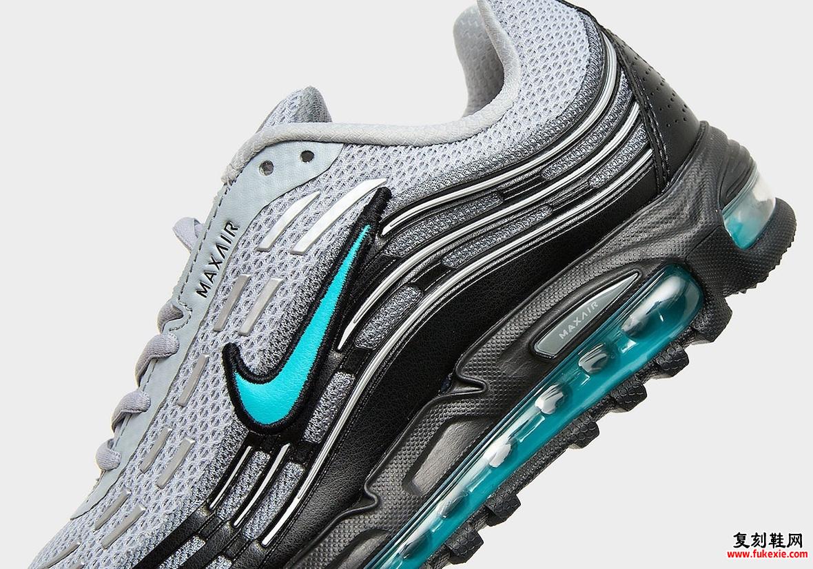 Nike Air Max TL 2.5 “Dusty Cactus” 的特写镜头，聚焦于蓝绿色的 Swoosh 和 Air 气垫。